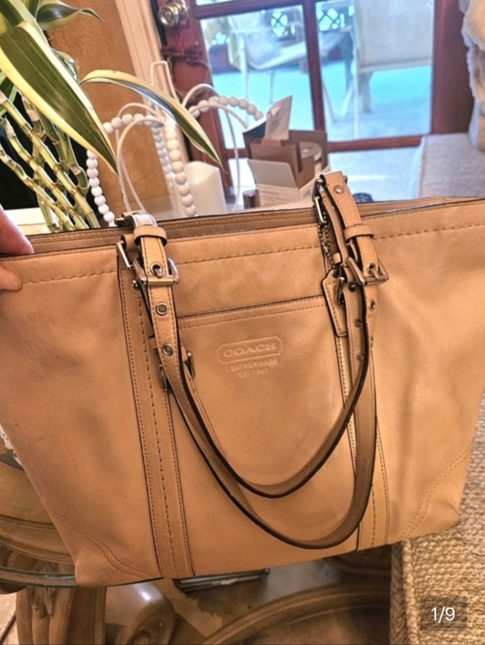 Coach East West Tan Camel Genuine Leather Tote with Double Handles #80959-F10938
